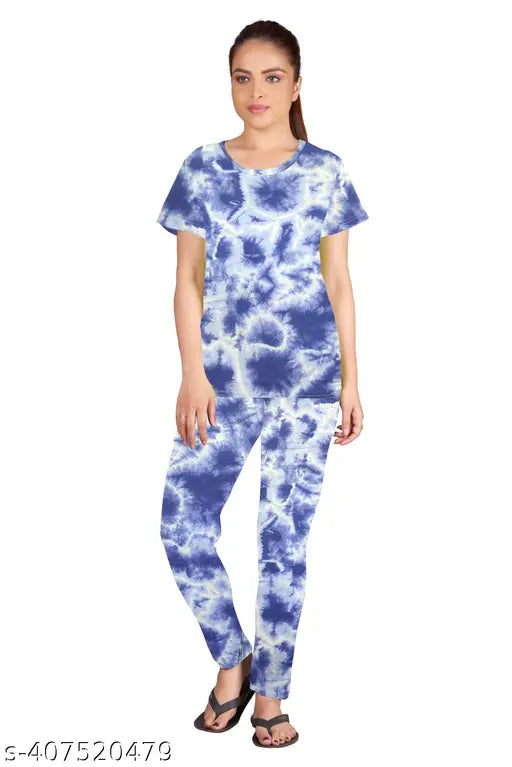 Women's tie and dye printed night suit set (pack of 2), polycotton fabric, short sleeves, dyed/washed pattern