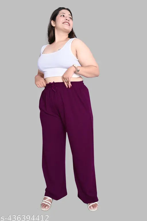 Plus size purple viscose rayon Korean baggy style pant, comfortable with elastic band and drawstring waist closure, side pockets with zip closure