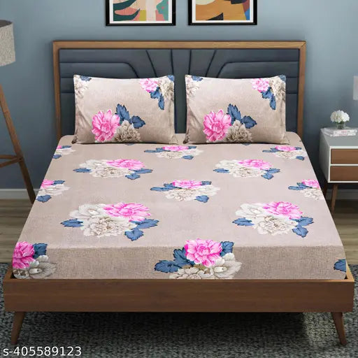 Microfiber double floral fitted bedsheet (144TC), elastic with 2 pillow covers - vibrant bedroom decor, India-crafted