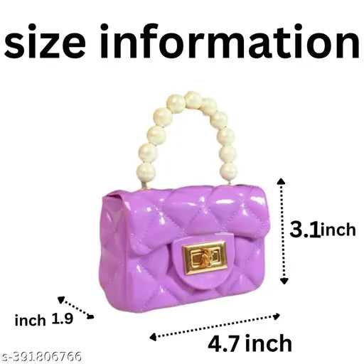 The image shows a small, purple handbag with pearl accents and a chain strap, which can be worn as a shoulder or crossbody bag