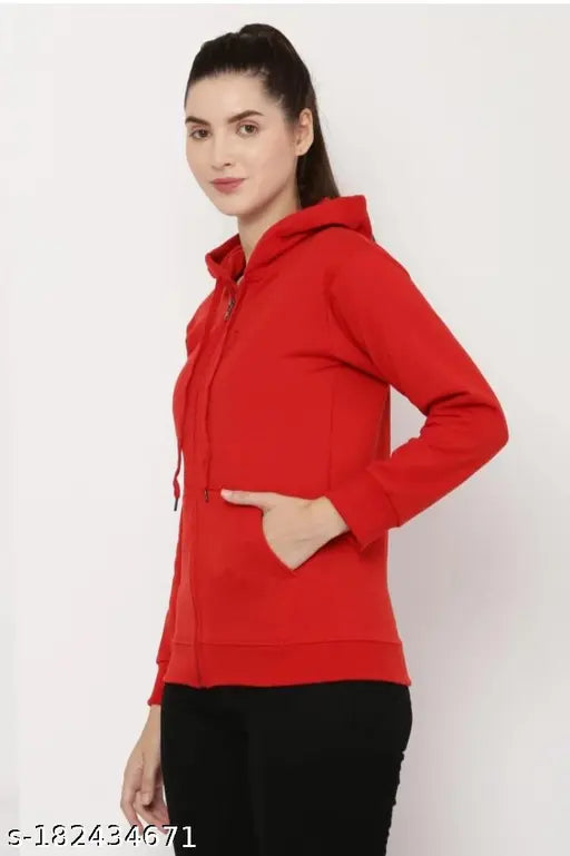 Women's fleece hoodie jacket, solid color, long sleeves, cotton sweatshirt with zip and kangaroo pocket, made in India (S: Bust 36in/Length 23in)