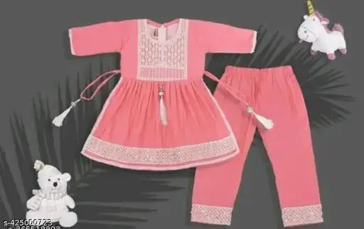 Embroidered rayon A-line kurta set for girls baby, harem pants above knee, no dupatta, three-quarter sleeves, Indian origin
