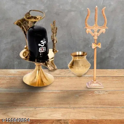 Shiny brass Shivling idol, Puja abhishek patra, with trishul and nag statue, Hindu God figurine, decorative gift, 3 x 26 x 47 inches