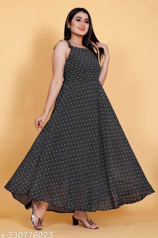 Black georgette sleeveless kurti for women, full flared Gheri & anarkali type, digital printed exclusive design