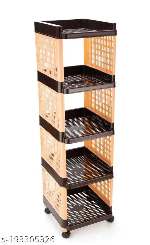 Five-tiered brown and ivory plastic storage organizer, multi-purpose for kitchen and office use