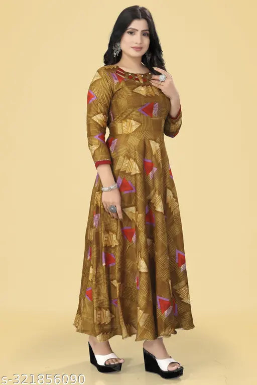 Gold anarkali kurta with high neck design and patterned fabric