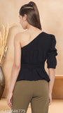 Black polyester one-shoulder top with self belt, solid pattern, medium sleeves, India origin