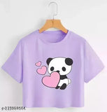 Fancy elegant printed cotton crop top, trendy women's t-shirt in panda design, India origin