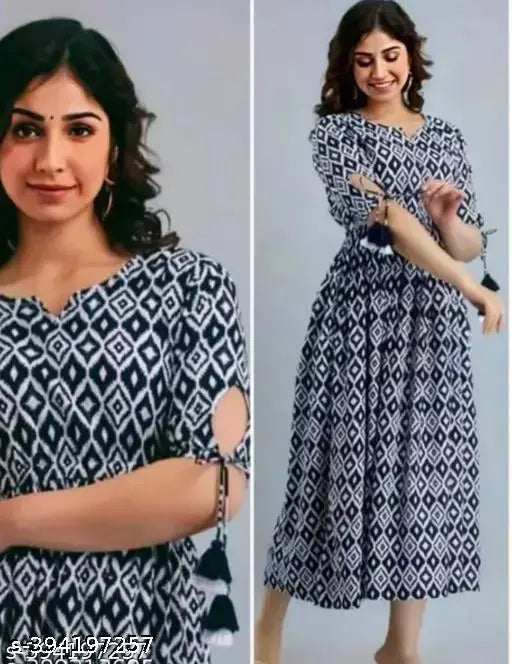 Indigo Illusion Blue Printed Rayon Gown for Women - Elegant ankle-length design, versatile for parties, evenings, and casual wear. Available in various sizes