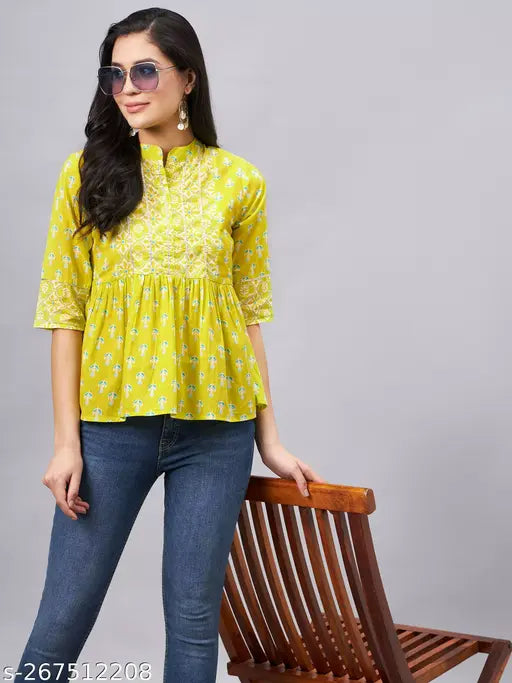 WineRed women's green printed top with gota detailing at yoke - three-quarter sleeve, cotton, lime green, casual work outfit, versatile style