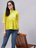 WineRed women's green printed top with gota detailing at yoke - three-quarter sleeve, cotton, lime green, casual work outfit, versatile style