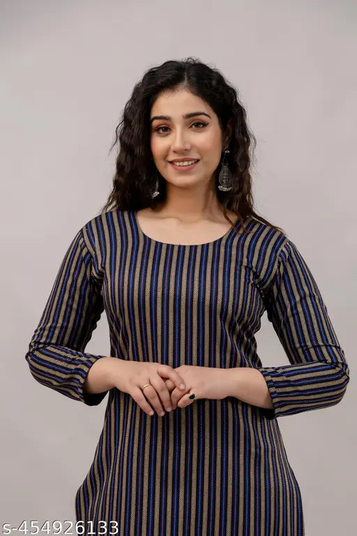 Striped long-sleeve wool kurta, round neckline