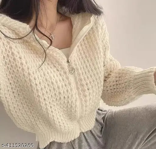 Peach woolen zipper cardigan with hoodie, ideal for winter wear