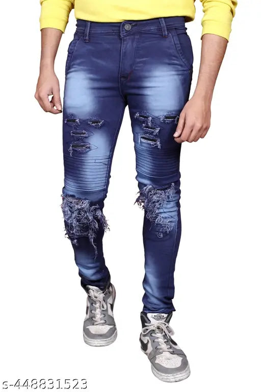 Men's fashionable blue distressed denim jeans
