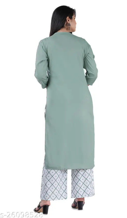 Green rayon rta and Palazzo set for women - solid style in three-quarter sleeves, India origin