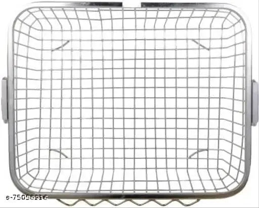 Stainless steel dish rack in kitchen, holding utensils and containing drainer basket, metal tool holder