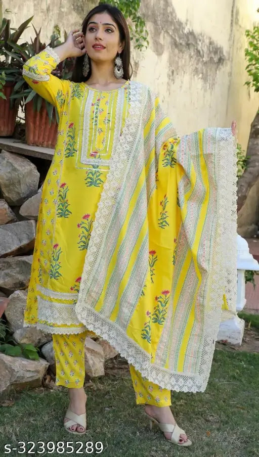 Fashionable viscose silk Maslin straight kurti set with pant and dupatta, featuring three-quarter sleeves and intricate gota and lace work on a printed net background. Premium quality Indian craftsmanship