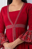 Maroon rayon frontslit kurta with three-quarter sleeves, solid design. Lightweight ethnic wear from India