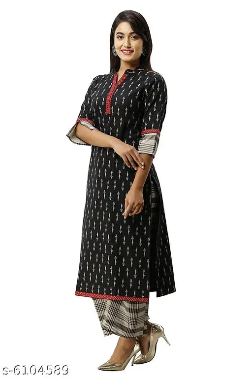 Indian Cotton Ikat Checks Print Kurta with Palazzos - Quality cotton blend, three-quarter sleeves, perfect for festivals and casual wear