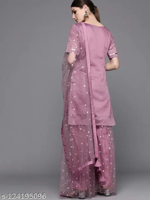 Stylish purple womens kurta with sharara, dupatta, and embellished sequins