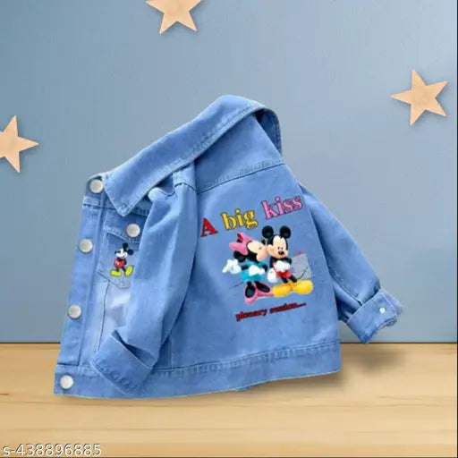 Denim jacket featuring a Disney Mickey Mouse design with the text 'A Big Kiss', inspired by Mickey and Minnie Mouse