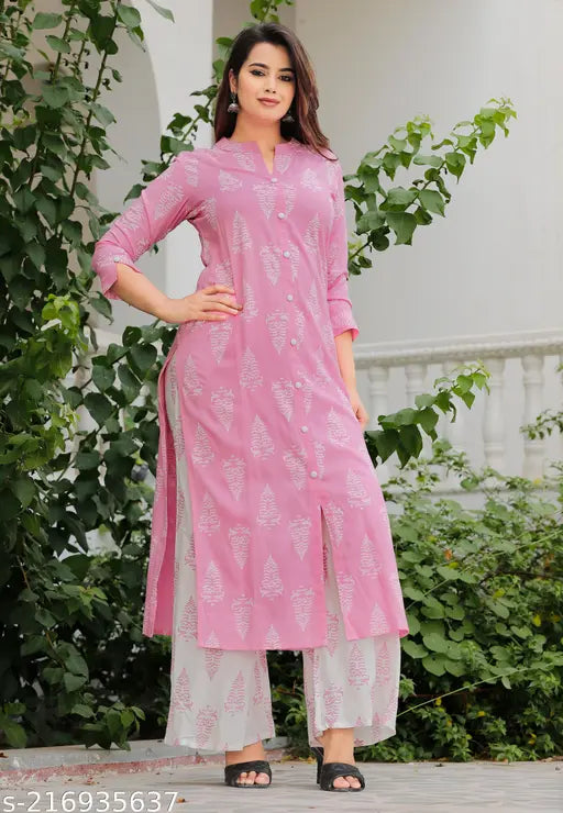 Rayon printed pink Palazzo set Kurta with three-quarter sleeves from Chandani Collection, India