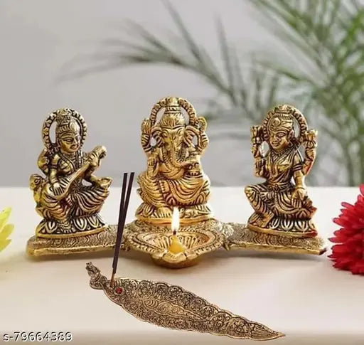 Metal Laxmi-Ganesha-Saraswati idol set for pooja room, ethnic aluminum figurines (21x10x11cm, 300g)