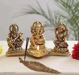 Metal Laxmi-Ganesha-Saraswati idol set for pooja room, ethnic aluminum figurines (21x10x11cm, 300g)
