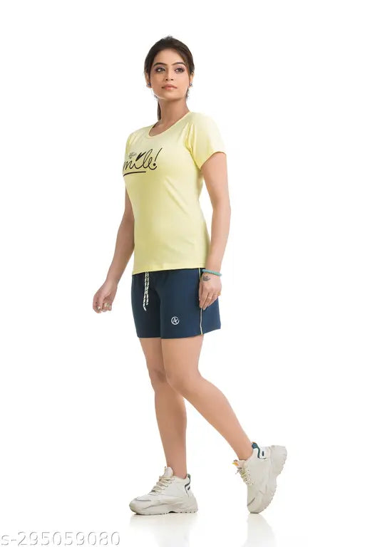 Cotton blended womens'/girls' top & shorts set, solid color, mid-rise, elastic closure - perfect for daily wear or special occasions