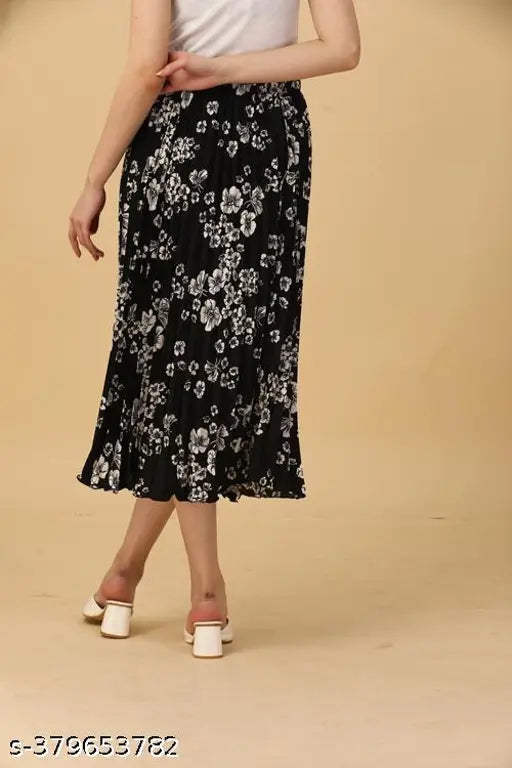 Pleated printed midi skirt, polyester, full length, elastic waist, flared hemline, Indian-origin trendy women's skirt for all body types. Sizes: 28, 30, 32, 34, 36, 38, Free Size