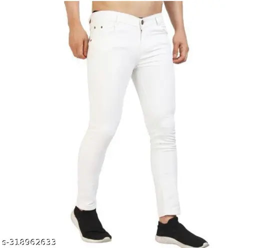 White polycotton Designer jeans, sleek and comfortable for everyday wear. Solid white color, sizes 28, 30, 32. Made in India
