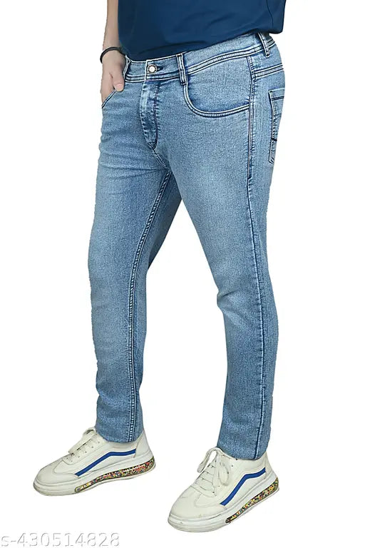 Men's light blue denim jeans with white stripes