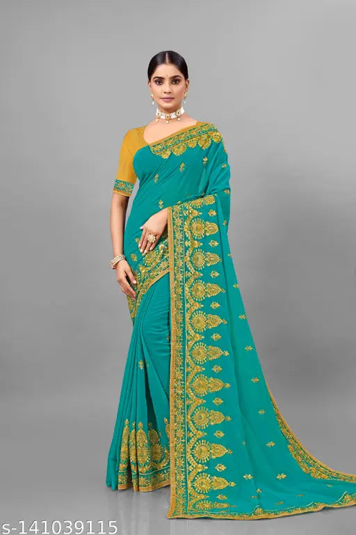 Georgette saree, embroidered with diamond pattern and heavy work, for weddings or parties