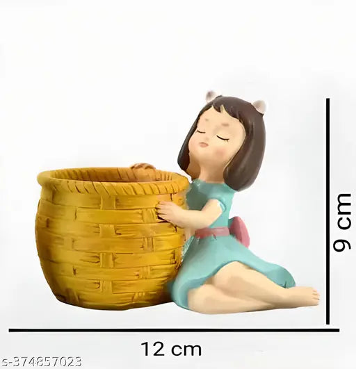 Multicolor dreaming girl resin figurine pencil holder/flower pot decorative showpiece by Khushi Enterprises, 9cm high, great for home or office use, made in India