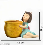 Multicolor dreaming girl resin figurine pencil holder/flower pot decorative showpiece by Khushi Enterprises, 9cm high, great for home or office use, made in India
