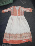Red striped rayon anarkali, attractive charming gown for women, three-quarter sleeves fashion on display stand