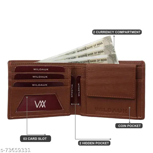 Tan PU leather wallet for men, textured design with 3 card slots, regular size (9x11cm), made in India