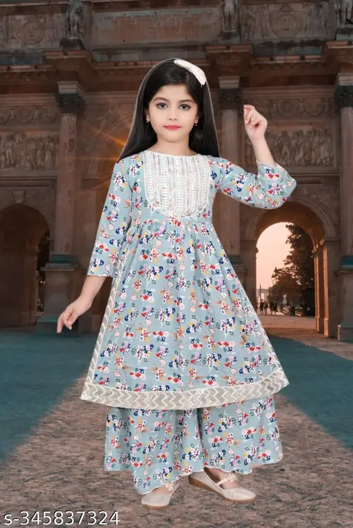 Modern girls cotton blend A-line kurta & palazzo set, printed with vibrant patterns, suitable for 4-5 to 11-12 years old
