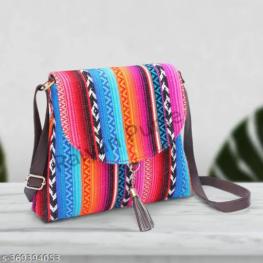 Crossbody sling bag, fabric with zigzag trim, multiple pockets