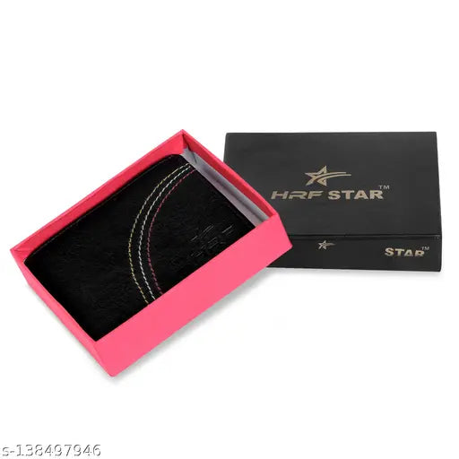 Black PU leather regular size wallet for men, 5 card slots, solid pattern, premium quality accessory
