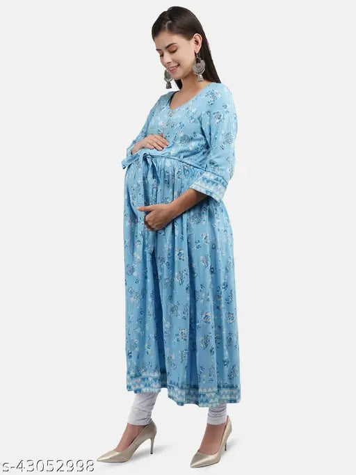 Navy blue floral print maternity kameez, long sleeve, buttoned up
