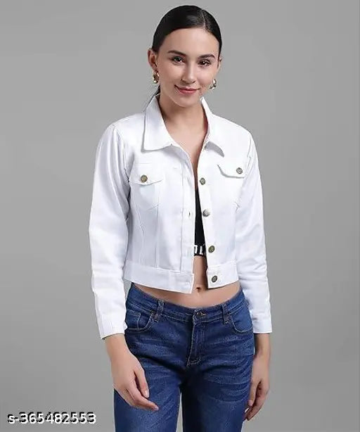 Stylish women's cotton denim jacket, solid-colored three-quarter sleeve for women, available in sizes S, M, L