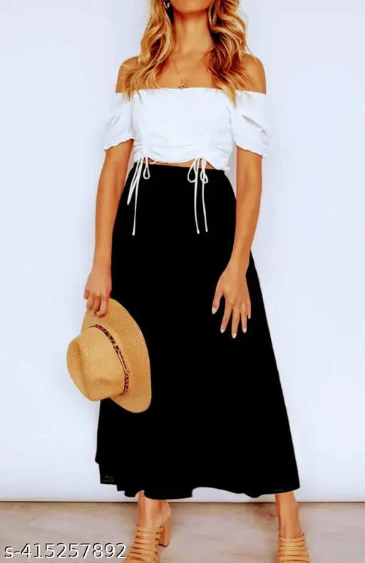 Black cotton high-waisted skirt with frayed hem, belted waistband