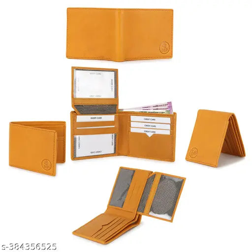 Yellow genuine leather men's wallet for casual, formal, evening events with 5 card slots. Solid pattern, free size (11cm x 1cm), made in India
