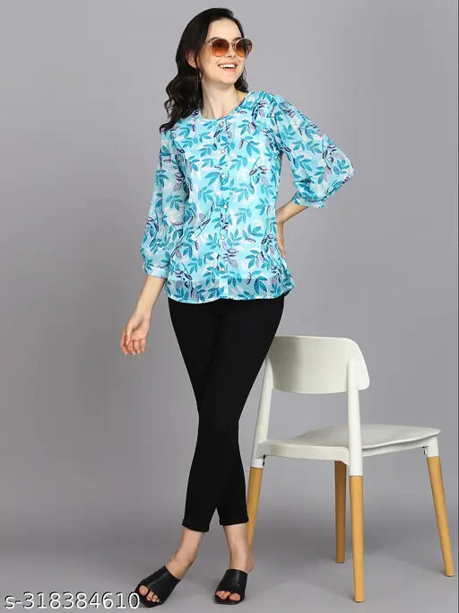 Skyblue Georgette floral print top for women, three-quarter sleeves, round neck design, bishop sleeve, India origin