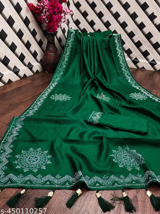 Green silk saree with Swarovski diamonds hot fix, fancy party wear for women's sarees, festive attire