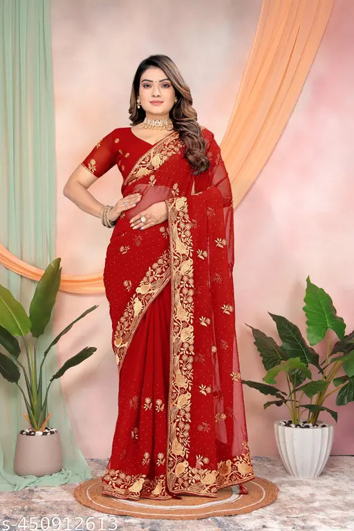 Embroidered silk saree with lightweight blouse, comfortable for parties, suitable for women and girls