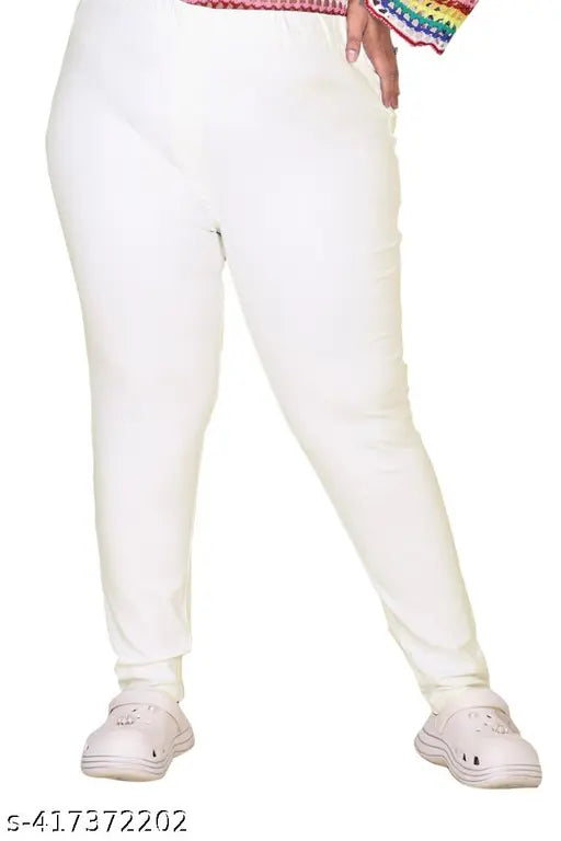 Premium white denim jeggings in plus size, stretchable Lycra fabric for comfort, elastic waistband, length 40 inches, India origin