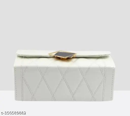 Grey and white striped clutch sling bag with a solar panel closure