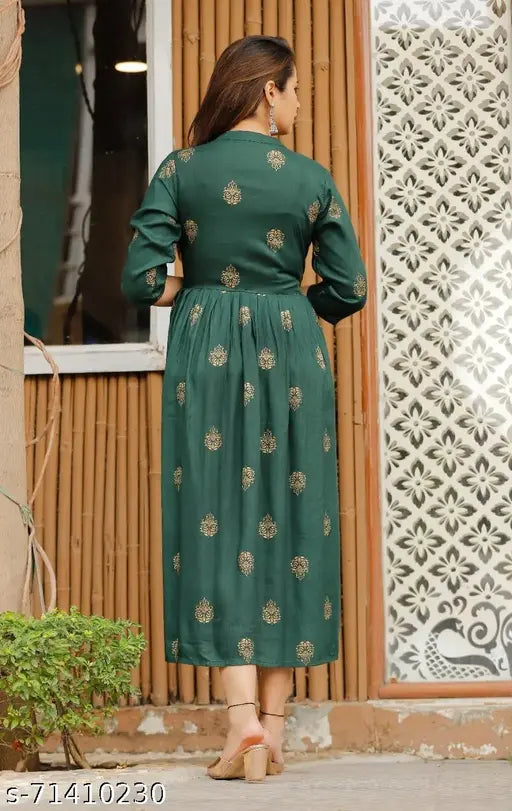 Green rayon printed anarkali kurta